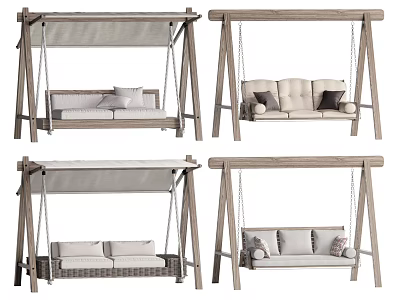 Different Styles Outdoor Swing Chairs With Wooden Frame Canopy And Cushioned Seats 3d model