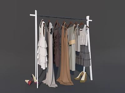 White Clothes Rack With Hanging Dresses And High Heels For Fashion 3d model