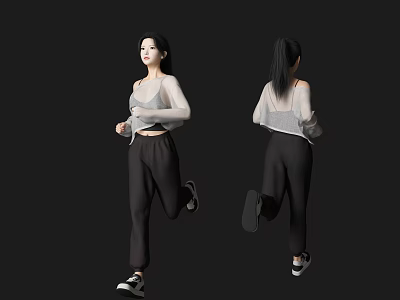 Woman Running In Casual Gray Top And Black Pants With Front Back Views 3d model