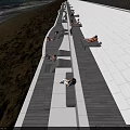 Outdoor Chairs On Beach With People Sitting Under Blue Sky And Railing Wall