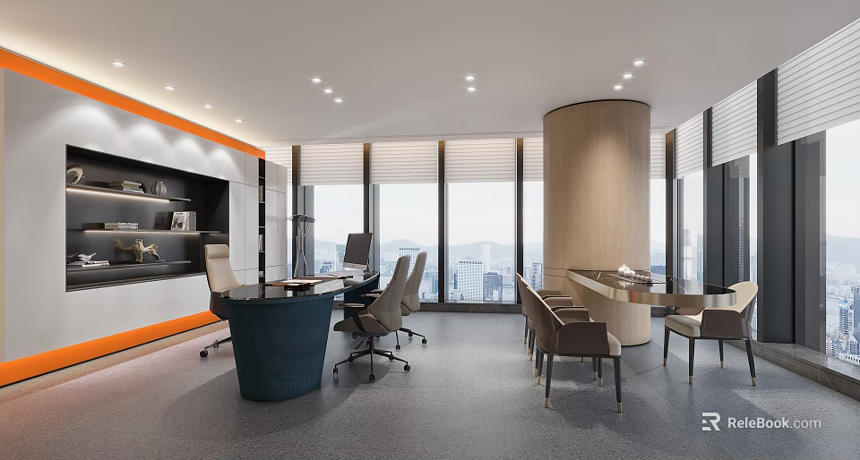 Modern Office Interior Design With Large Windows City View Circular Column And Desk Chairs 3d model 