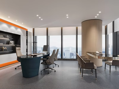 Modern Office Interior Design With Large Windows City View Circular Column And Desk Chairs 3d model