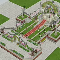 Enchanting Garden Landscape with Flower Arch Stone Columns Red Carpet Lanterns and Mountain View