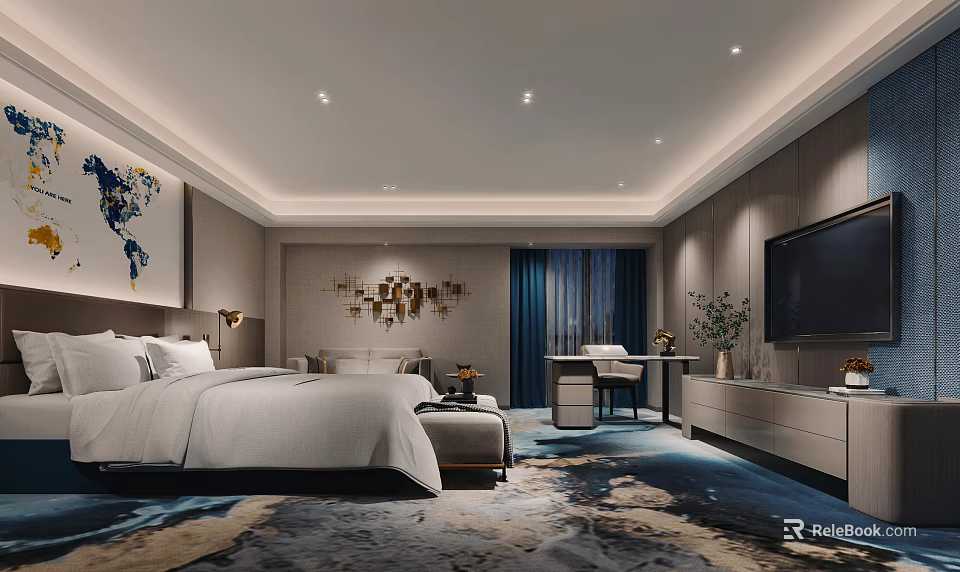 Modern Hotel Room Interior With Large Bed Sofa TV Carpet And Decorative Painting 3d model 