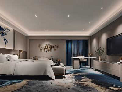 Modern Hotel Room Interior With Large Bed Sofa TV Carpet And Decorative Painting 3d model