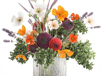 Elegant Decorative Ornament Arrangement With Mixed Flowers Green Foliage In Silver Striped Vase 3d model