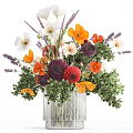 Elegant Decorative Ornament Arrangement With Mixed Flowers Green Foliage In Silver Striped Vase