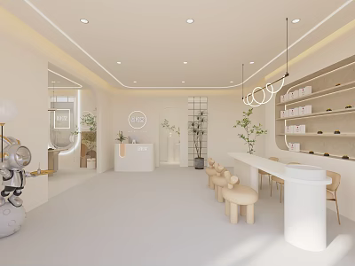 Modern Bright Beauty Hair Salon Interior With White Decor Wooden Stools And Green Plants 3d model