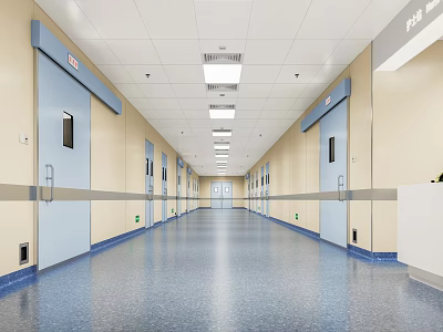 Hospital Elevator Hallway Interior With Blue Doors Light-Colored Walls Blue Flooring And Ceiling Lights 3d model