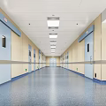 Hospital Elevator Hallway Interior With Blue Doors Light-Colored Walls Blue Flooring And Ceiling Lights