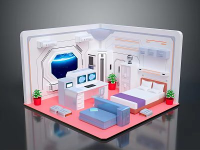 Futuristic Room Interior With Bed Sofa Computer Plants And Large Screen Showing Blue Planet View 3d model
