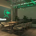 Modern Bar Interior with Green Neon Lights Cacti and Tables Chairs