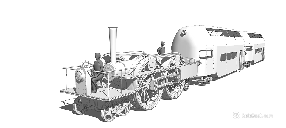 Vintage Steam Train Locomotive With Two Figures And Carriage Design 3d model 