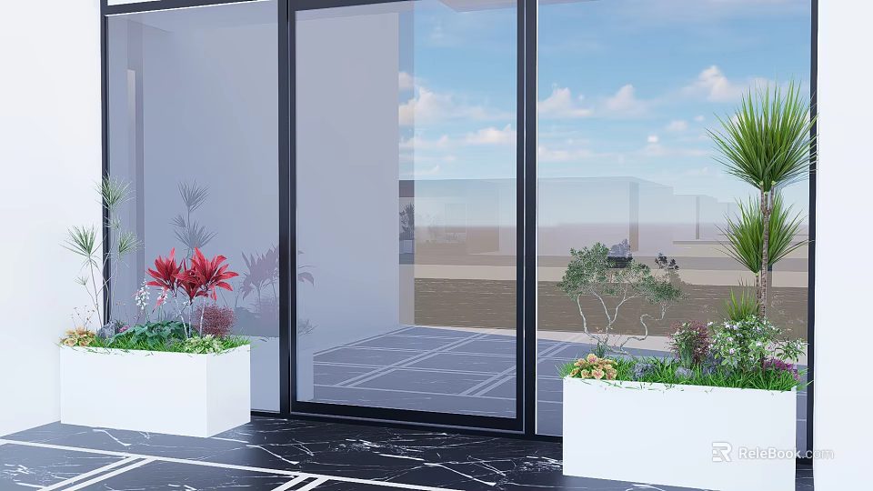 Indoor Plant Arrangement With White Planters Red Flowers And Green Shrubs By Glass Door 3d model 