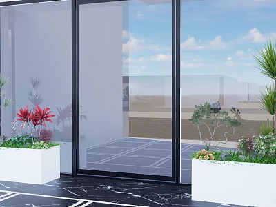 Indoor Plant Arrangement With White Planters Red Flowers And Green Shrubs By Glass Door 3d model