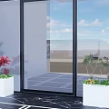 Indoor Plant Arrangement With White Planters Red Flowers And Green Shrubs By Glass Door