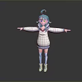 3D Anime Character Creature With Turquoise Hair White Hoodie Blue Skirt Open Arms Pose