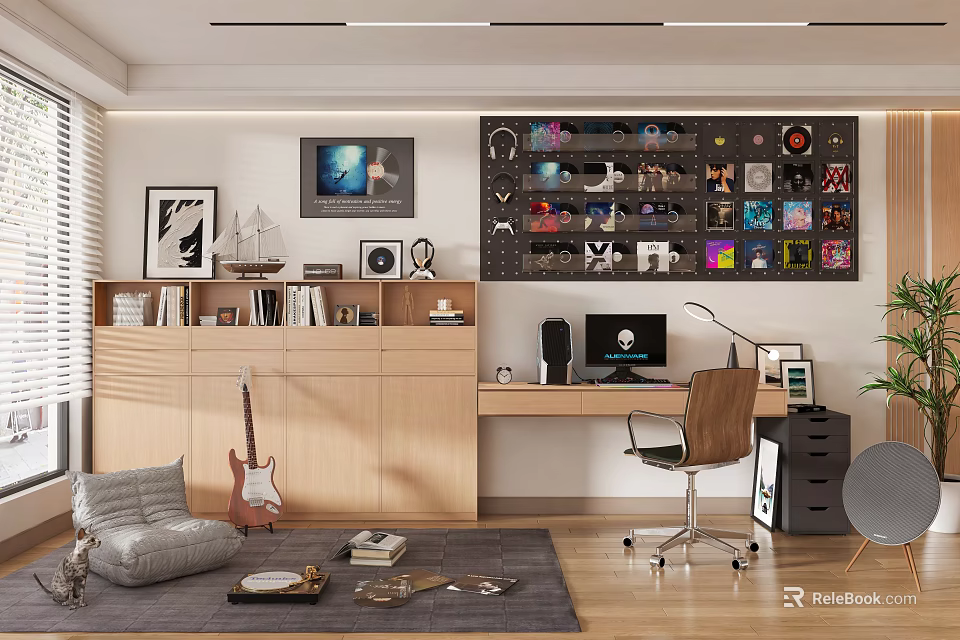 Modern Home Office with Wooden Bookshelves Computer Artworks Record Shelf Guitar Cozy Armchair and Rug 3d model 