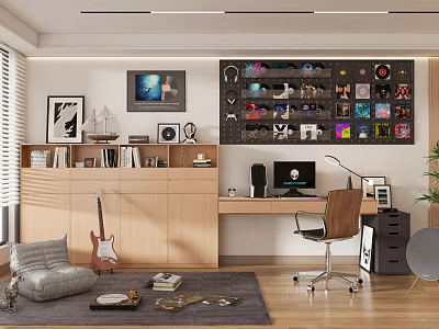Modern Home Office with Wooden Bookshelves Computer Artworks Record Shelf Guitar Cozy Armchair and Rug 3d model