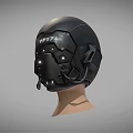 Futuristic Black Tech Helmet Featuring Material Text Lights Mesh Design And Microphone 3d model