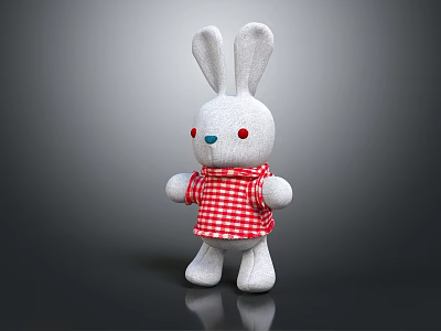 White Rabbit Plush Doll With Long Ears Red Eyes And Red Checkered Shirt 3d model