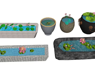 Various Shaped Aquarium Containers with Lotus Water Lilies and Fish 3d model
