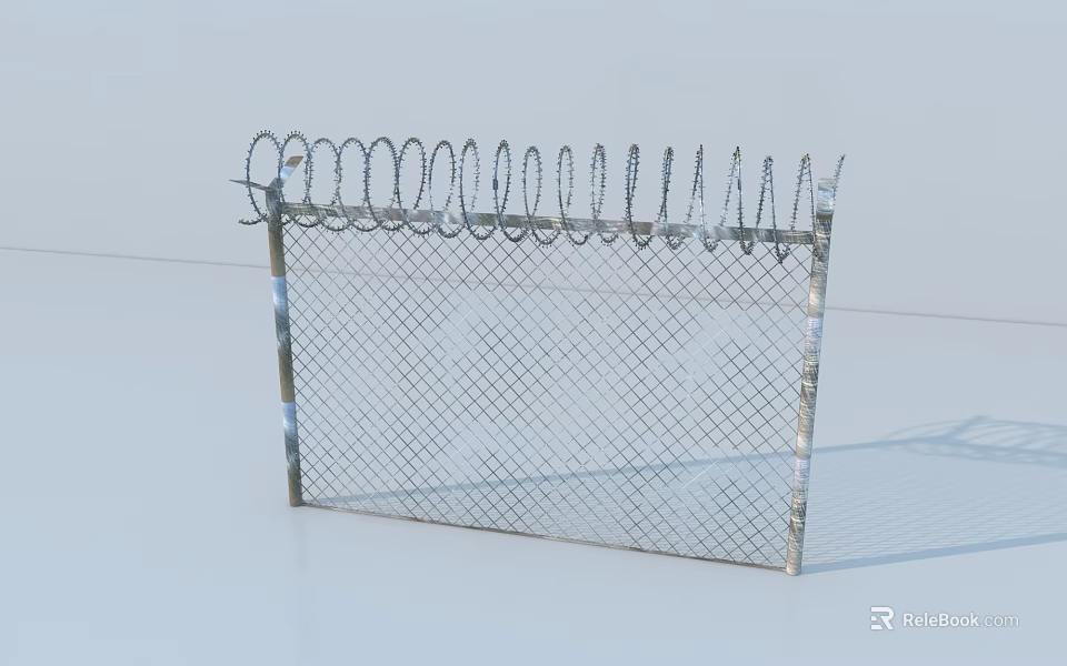 Metal Mesh Security Fence With Coiled Barbed Wire On Top 3d model 
