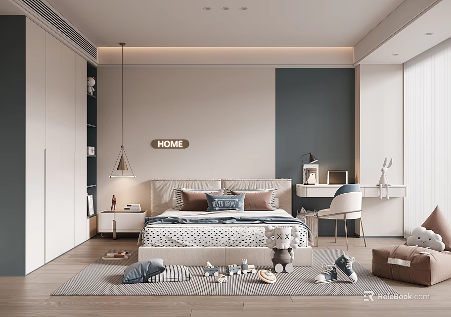 Minimalist Kids Room Interior With Bed Desk Chair Cabinets Home Sign And Toys On Rug 3d model 