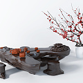 Chinese-style root carving tea sea tea table green plant stem branch combination 3d model