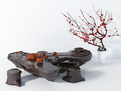 Chinese-style root carving tea sea tea table green plant stem branch combination 3d model