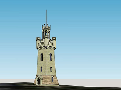 Historic Stone Brick Tower With Turrets Arched Windows And Decorative Spire Against Blue Sky 3d model