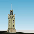 Historic Stone Brick Tower With Turrets Arched Windows And Decorative Spire Against Blue Sky