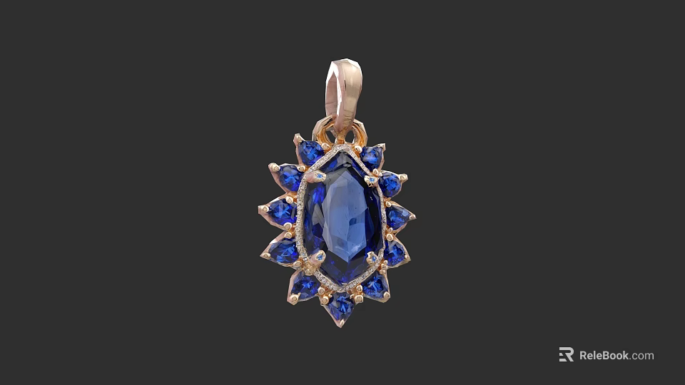 Elegant Blue Gemstone Pendant With Central Sapphire And Small Blue Stones In Floral Gold Setting 3d model 
