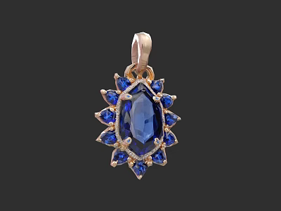Elegant Blue Gemstone Pendant With Central Sapphire And Small Blue Stones In Floral Gold Setting 3d model
