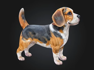 Cute Beagle Puppy With Tricolor Fur Standing On Black Background 3d model