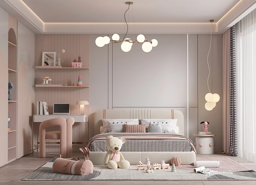 Cozy Kids Room Interior With Bed Stuffed Toys Bookshelves Pendant Lights And Soft Rug 3d model 