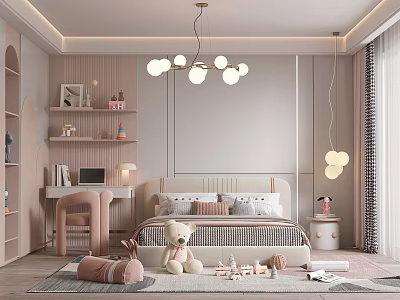 Cozy Kids Room Interior With Bed Stuffed Toys Bookshelves Pendant Lights And Soft Rug 3d model