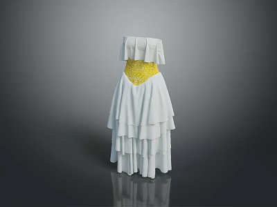 White Strapless Long Dress With Yellow Waist Detail And Tiered Skirt 3d model