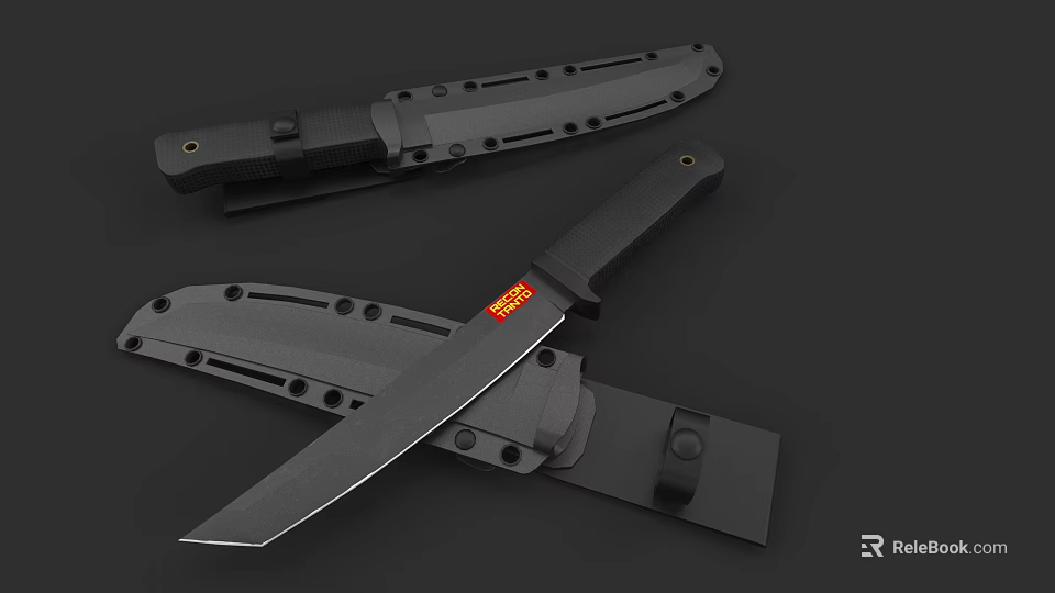 Tactical Black Knife With Sheath Sharp Blade And Ergonomic Handle Design 3d model 