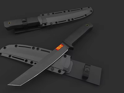 Tactical Black Knife With Sheath Sharp Blade And Ergonomic Handle Design 3d model