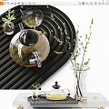 Elegant Tea Set With Glass Teapot Black Wavy Background Green Plants On White Tabletop