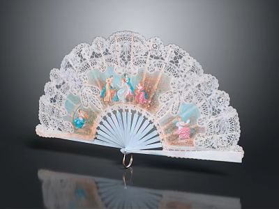 Vintage Decorative Fan Pendant With Intricate Lace And Colorful Figure Patterns 3d model