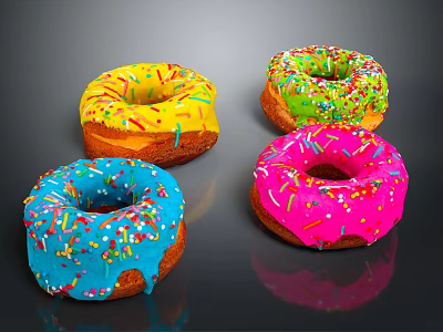 Vibrant Colorful Donuts With Dripping Frosting And Sprinkles On Black Surface 3d model