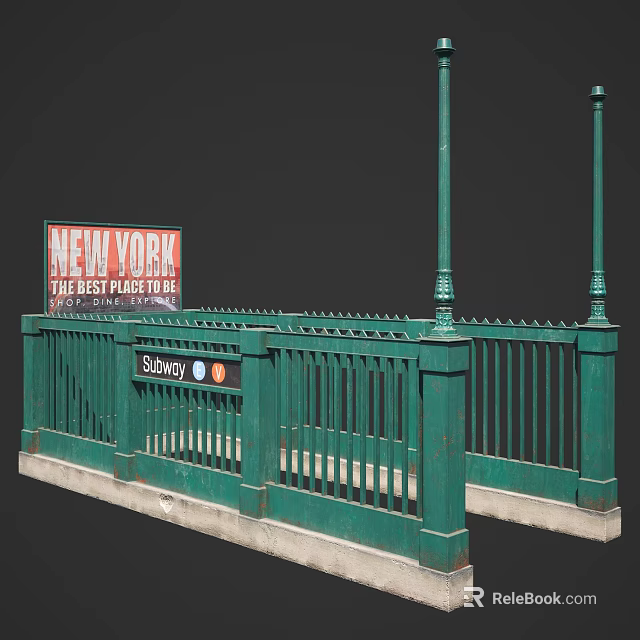 Green Railing With Subway Sign And New York The Best Place To Be Nearby 3d model 