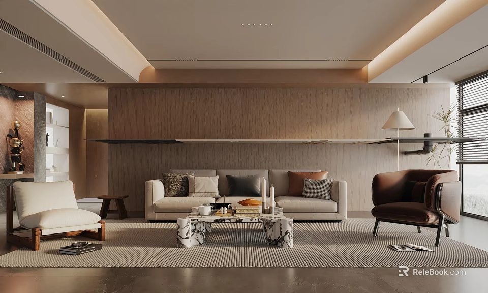Modern Living Room Interior With Wooden Wall Panel Sofa Marble Coffee Table And Floor Lamp 3d model 