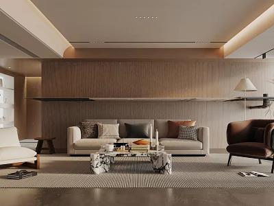 Modern Living Room Interior With Wooden Wall Panel Sofa Marble Coffee Table And Floor Lamp 3d model