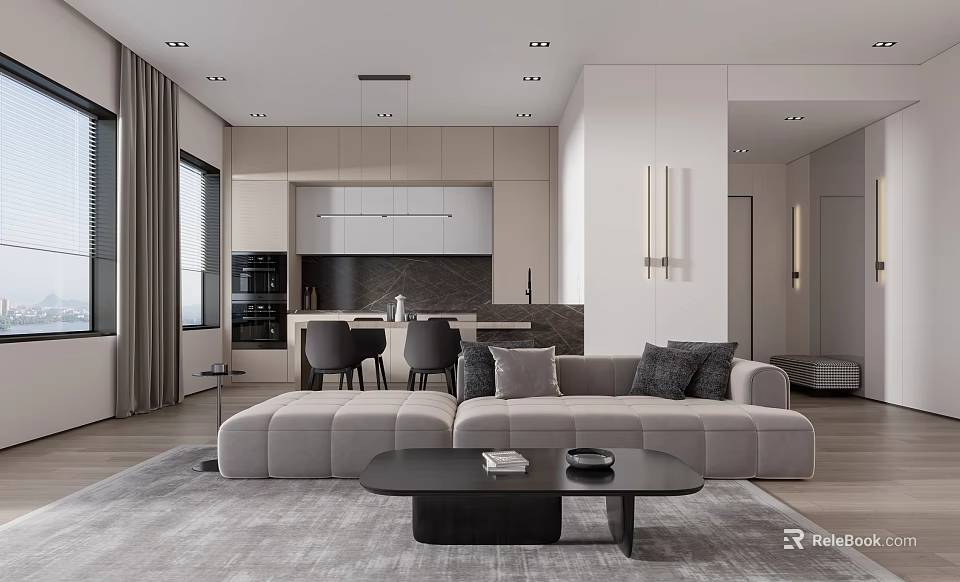 Modern Open Living Dining Room Interior With Sofa Coffee Table And Cabinets 3d model