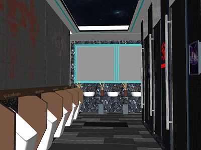 Modern Public Restroom With Starry Ceiling Black Gray Walls Stalls Urinals And Marble Countertops 3d model