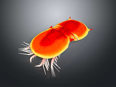 Vibrant Orange Yellow Small Animal With Red Spikes And White Cilia Legs On Gray Background 3d model