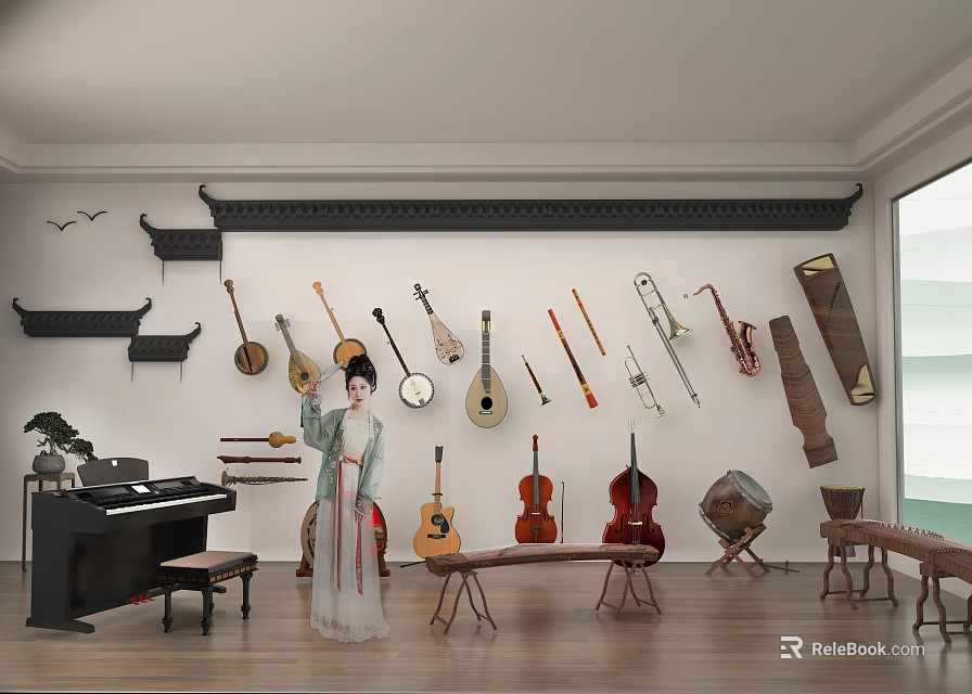 Traditional Chinese Musical Instruments and Art Supplies Wall Display in Elegant Interior 3d model 
